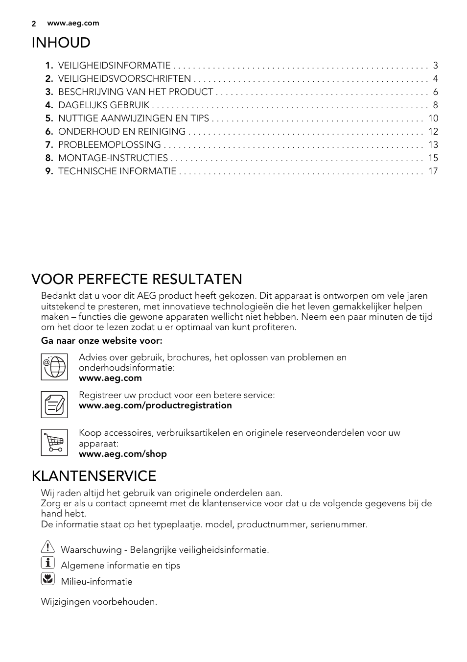 Inhoud, Voor perfecte resultaten, Klantenservice | AEG HK634200XB User Manual | Page 2 / 68