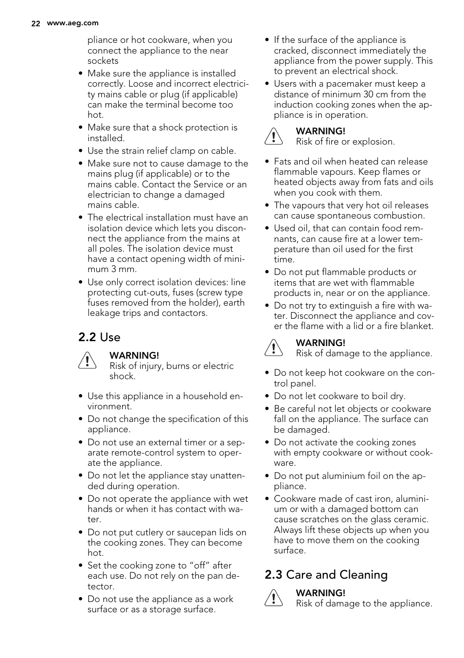 2 use, 3 care and cleaning | AEG HK634200XB User Manual | Page 22 / 68