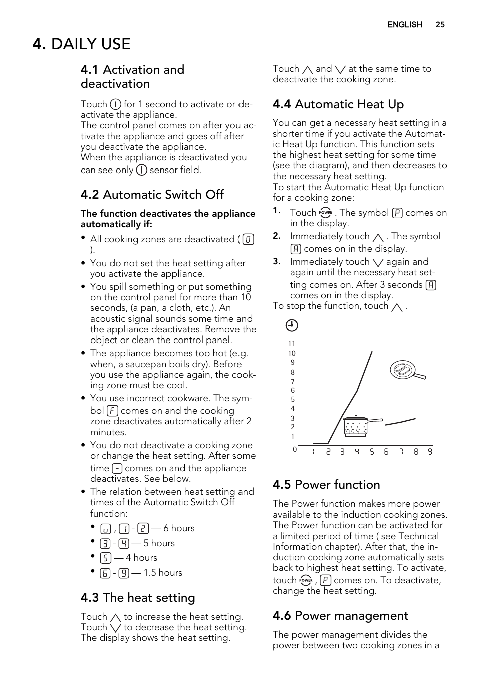 Daily use, 1 activation and deactivation, 2 automatic switch off | 3 the heat setting, 4 automatic heat up, 5 power function, 6 power management | AEG HK634200XB User Manual | Page 25 / 68