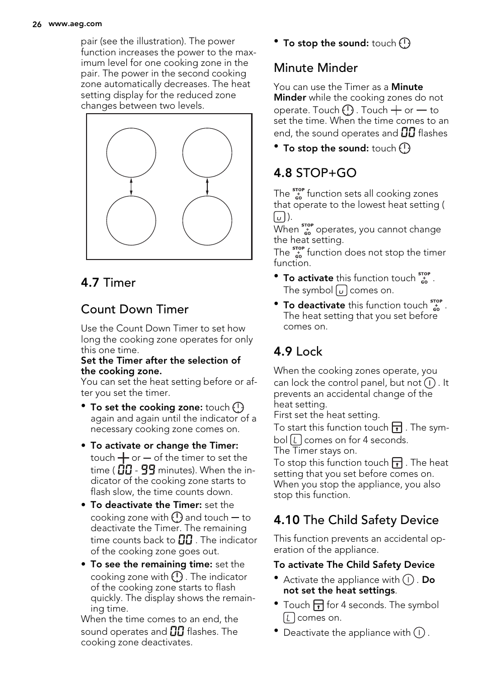 7 timer count down timer, Minute minder, 8 stop+go | 9 lock, 10 the child safety device | AEG HK634200XB User Manual | Page 26 / 68