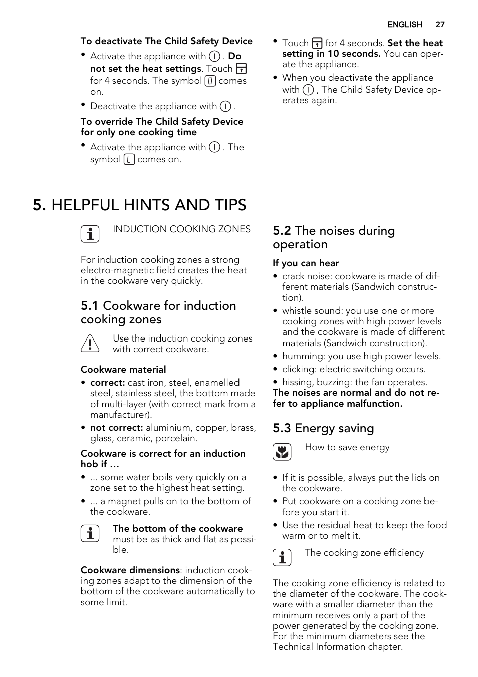 Helpful hints and tips, 1 cookware for induction cooking zones, 2 the noises during operation | 3 energy saving | AEG HK634200XB User Manual | Page 27 / 68