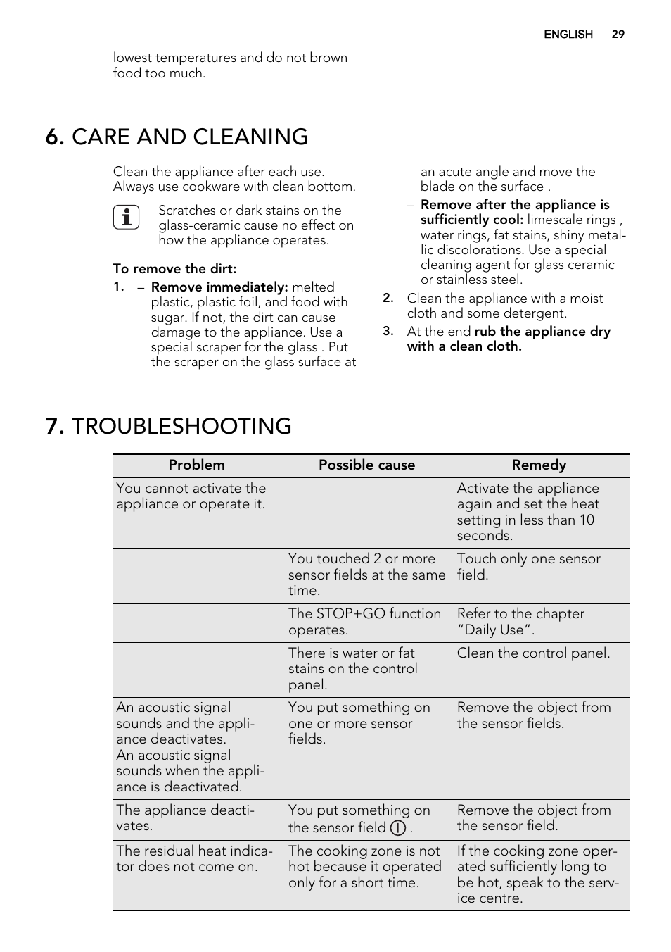 Care and cleaning, Troubleshooting | AEG HK634200XB User Manual | Page 29 / 68