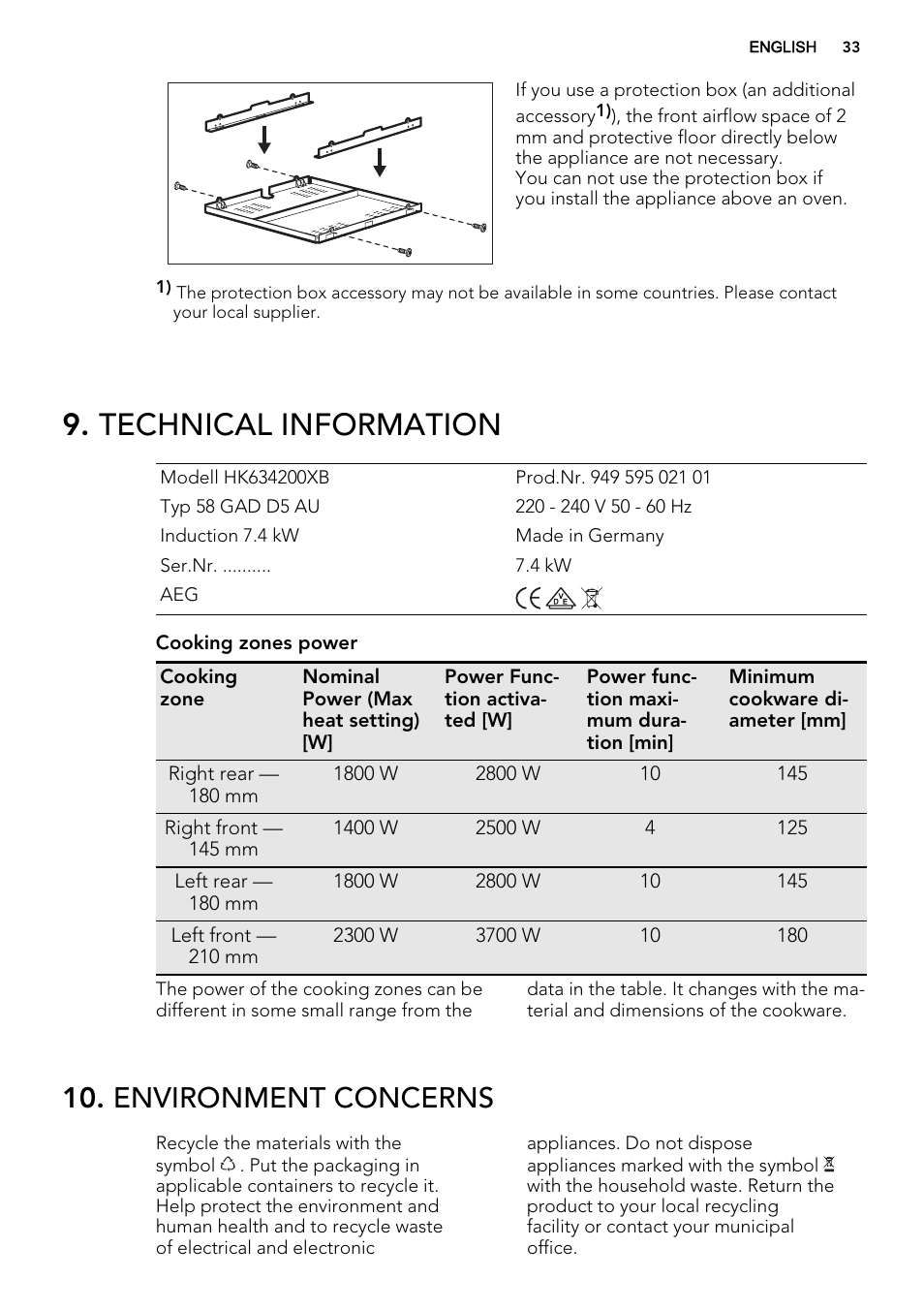 Technical information, Environment concerns | AEG HK634200XB User Manual | Page 33 / 68