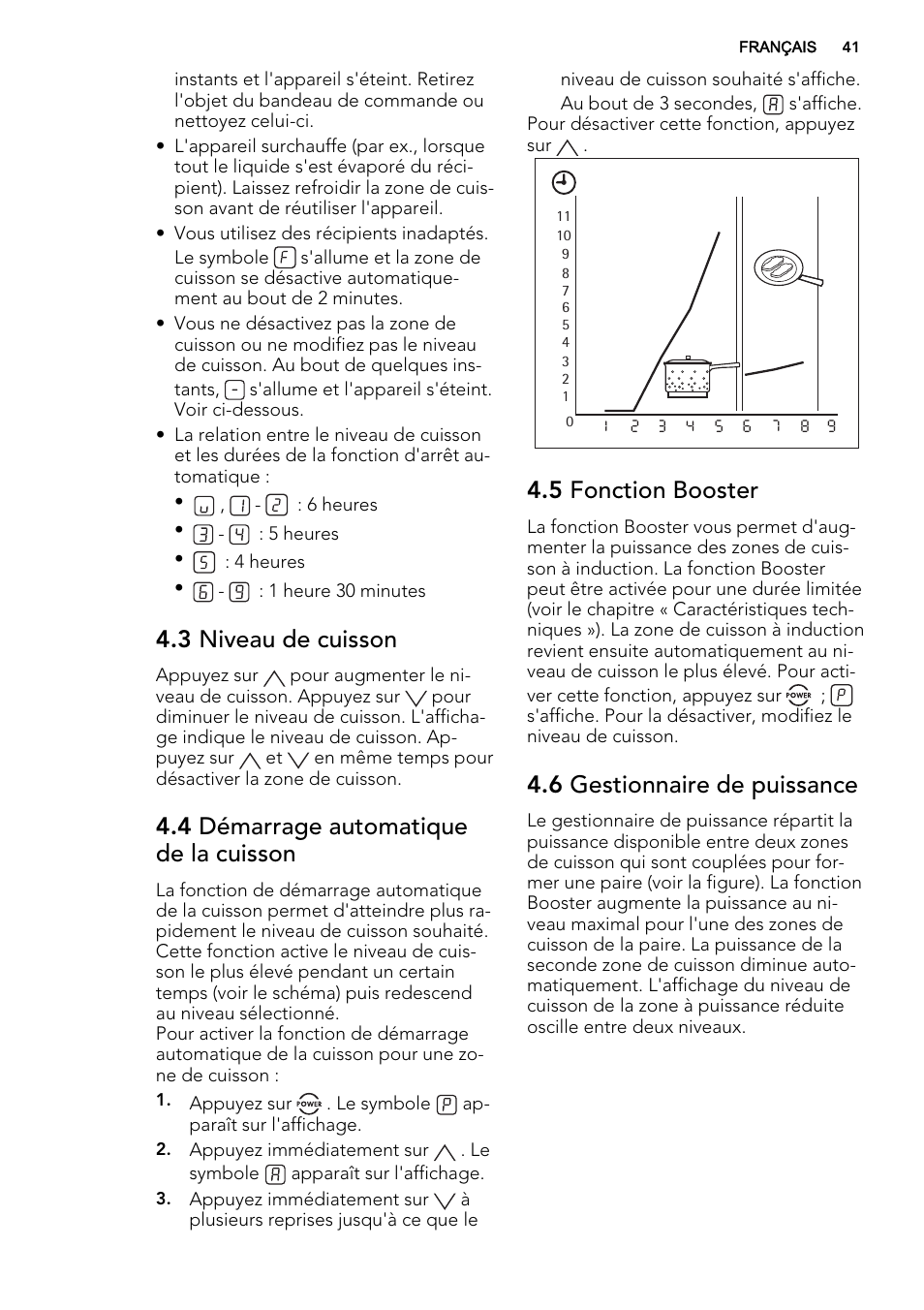 3 niveau de cuisson, 4 démarrage automatique de la cuisson, 5 fonction booster | 6 gestionnaire de puissance | AEG HK634200XB User Manual | Page 41 / 68