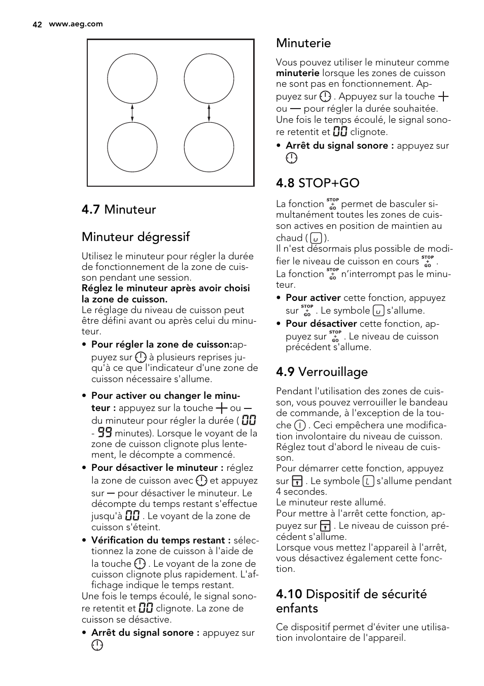 7 minuteur minuteur dégressif, Minuterie, 8 stop+go | 9 verrouillage, 10 dispositif de sécurité enfants | AEG HK634200XB User Manual | Page 42 / 68