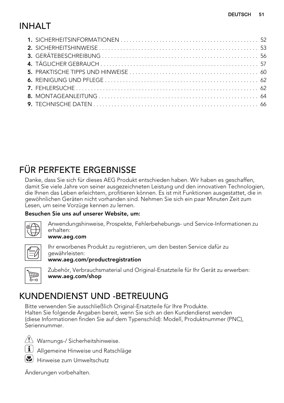 Inhalt, Für perfekte ergebnisse, Kundendienst und -betreuung | AEG HK634200XB User Manual | Page 51 / 68