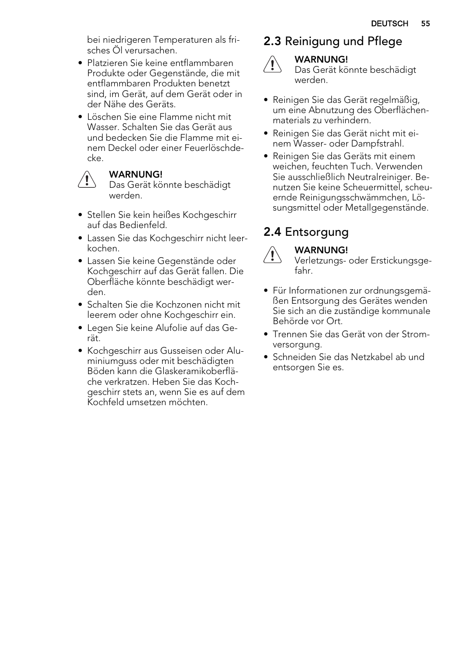 3 reinigung und pflege, 4 entsorgung | AEG HK634200XB User Manual | Page 55 / 68
