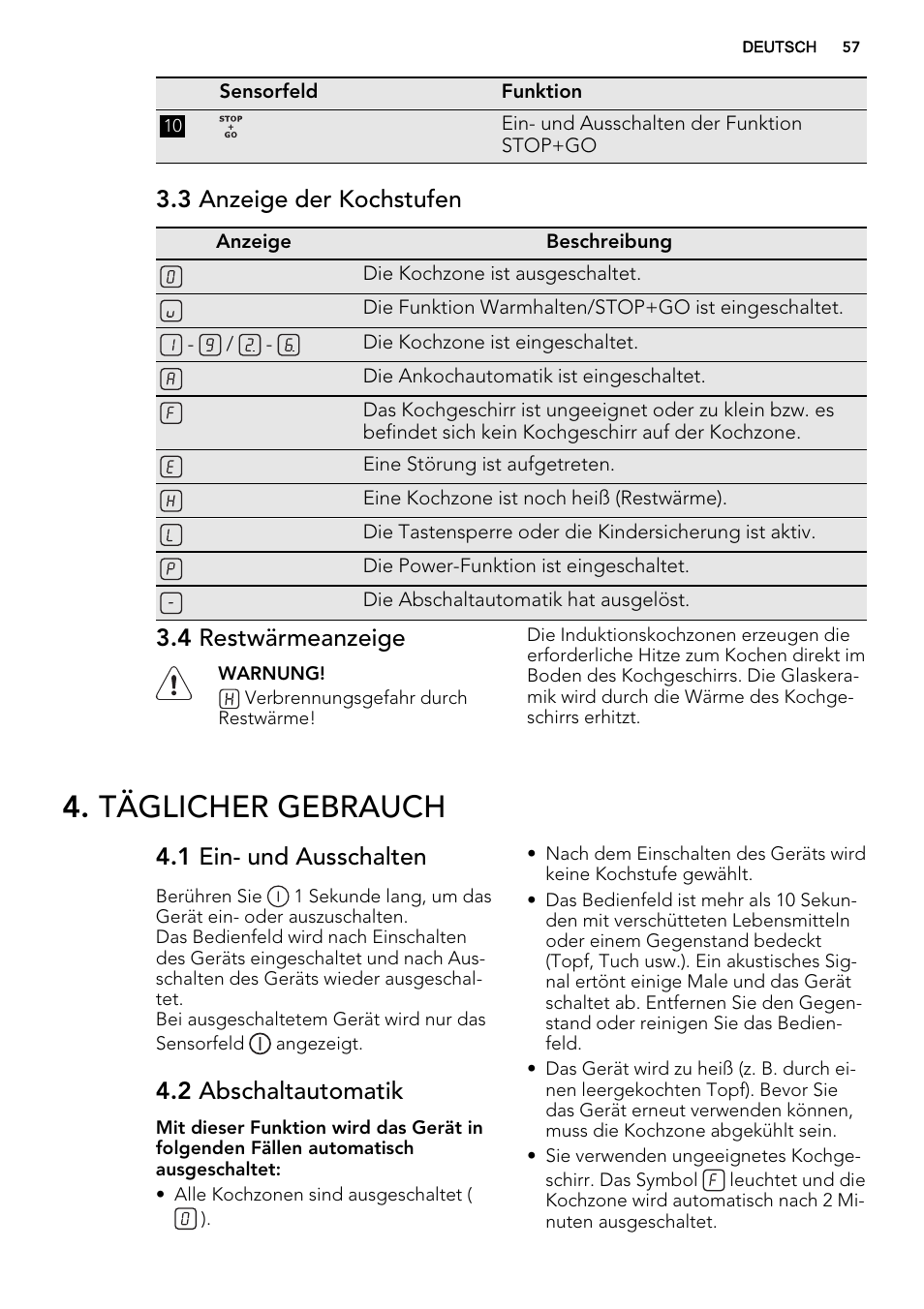 Täglicher gebrauch, 3 anzeige der kochstufen, 4 restwärmeanzeige | 1 ein- und ausschalten, 2 abschaltautomatik | AEG HK634200XB User Manual | Page 57 / 68