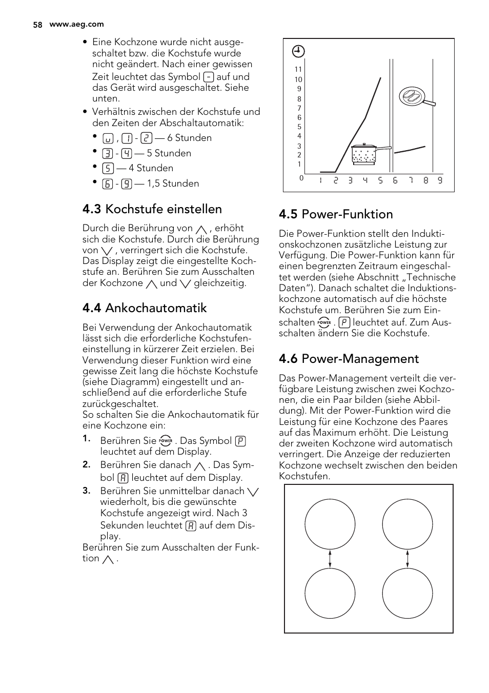 3 kochstufe einstellen, 4 ankochautomatik, 5 power-funktion | 6 power-management | AEG HK634200XB User Manual | Page 58 / 68