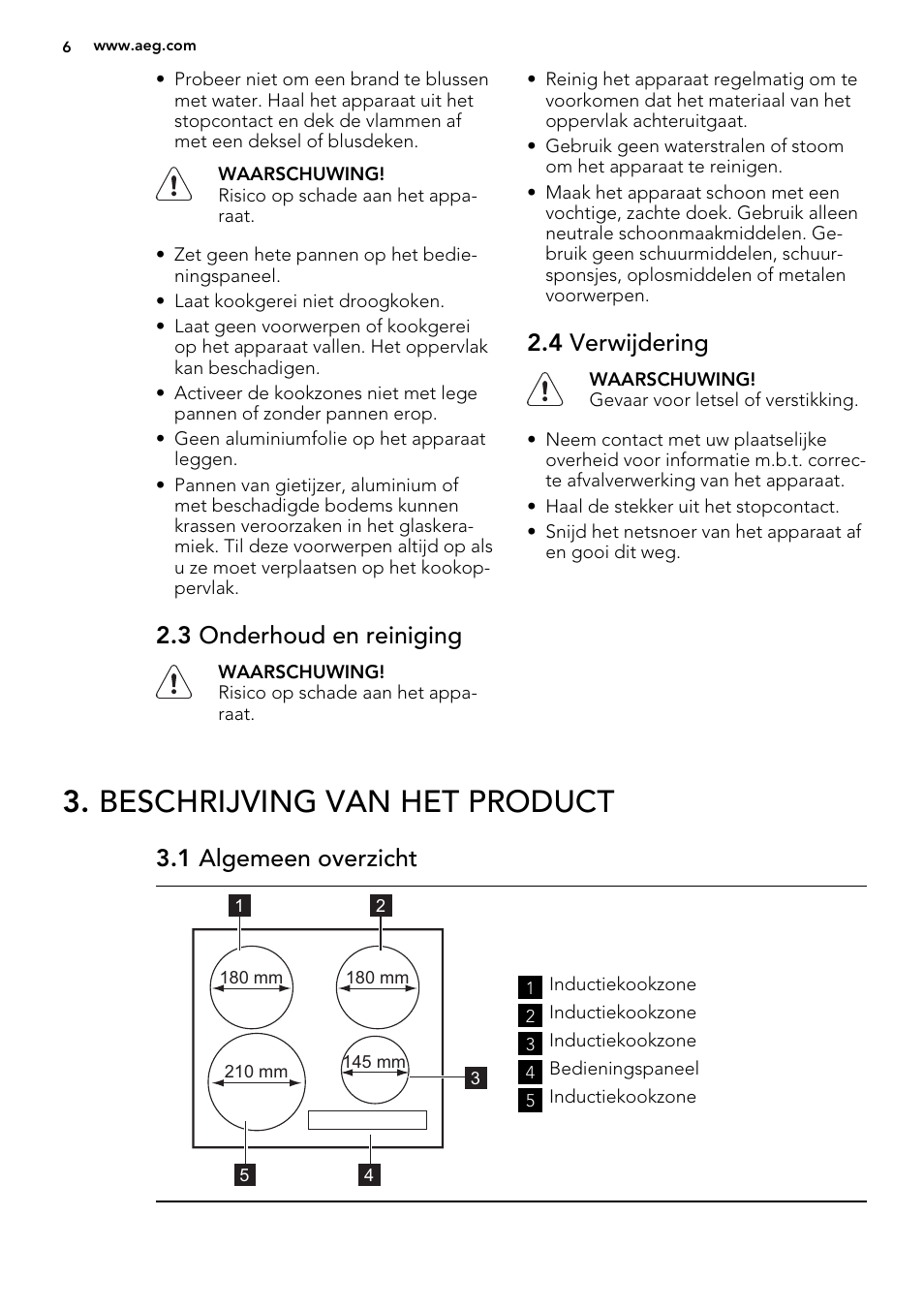 Beschrijving van het product, 3 onderhoud en reiniging, 4 verwijdering | 1 algemeen overzicht | AEG HK634200XB User Manual | Page 6 / 68