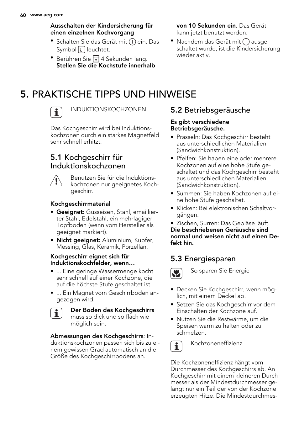 Praktische tipps und hinweise, 1 kochgeschirr für induktionskochzonen, 2 betriebsgeräusche | 3 energiesparen | AEG HK634200XB User Manual | Page 60 / 68