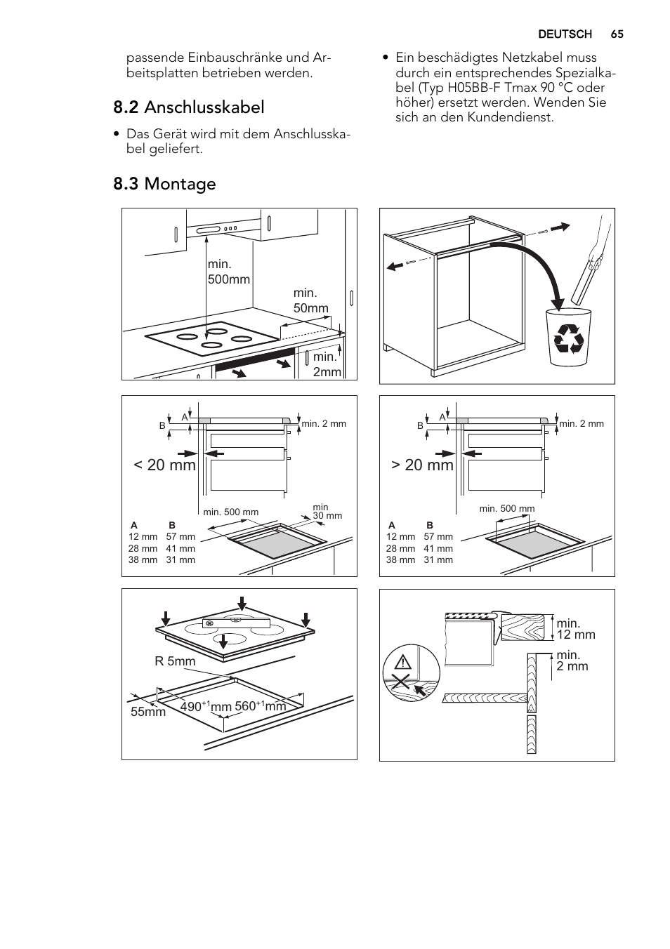 2 anschlusskabel, 3 montage, 20 mm | AEG HK634200XB User Manual | Page 65 / 68