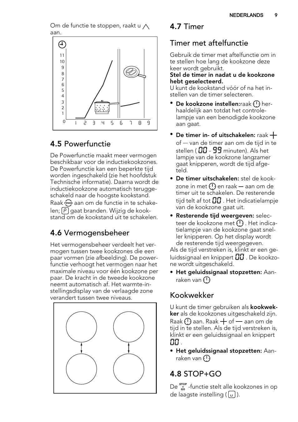 5 powerfunctie, 6 vermogensbeheer, 7 timer timer met aftelfunctie | Kookwekker, 8 stop+go | AEG HK634200XB User Manual | Page 9 / 68