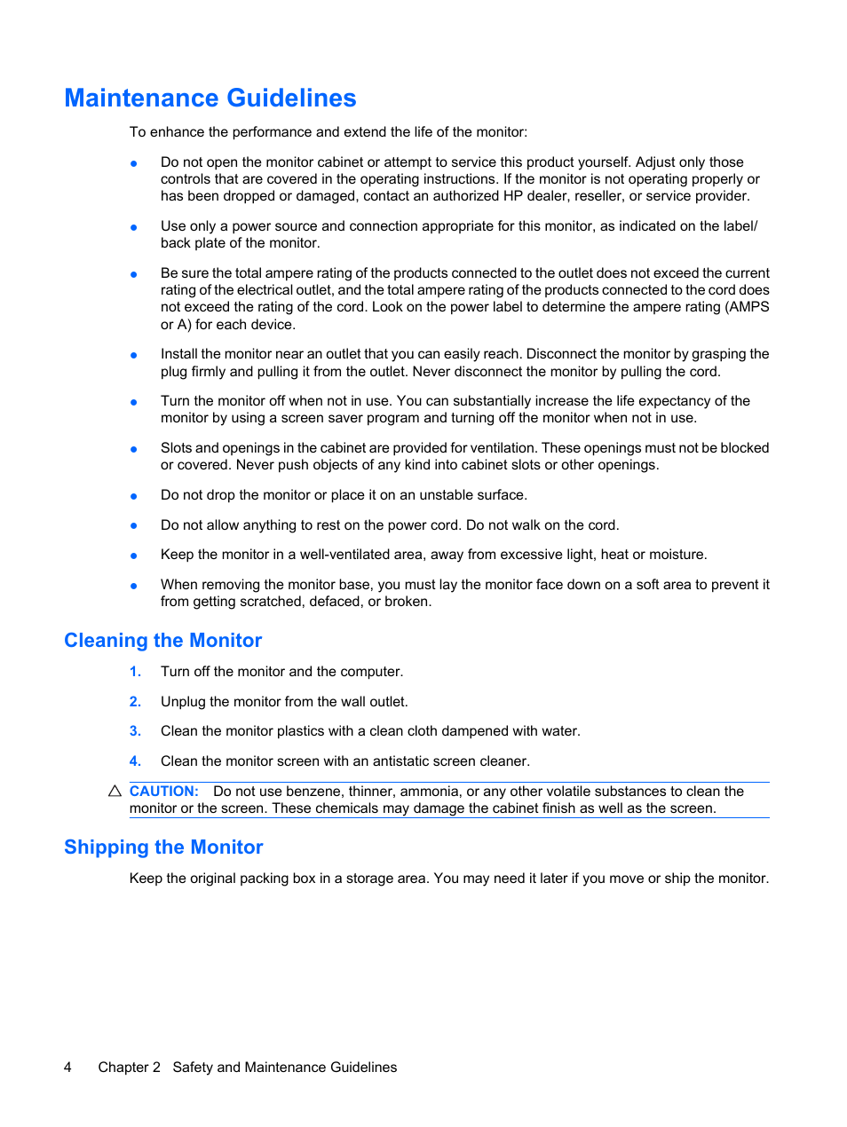 Maintenance guidelines, Cleaning the monitor, Shipping the monitor | Cleaning the monitor shipping the monitor | HP L1910 19-inch LCD Monitor User Manual | Page 12 / 63