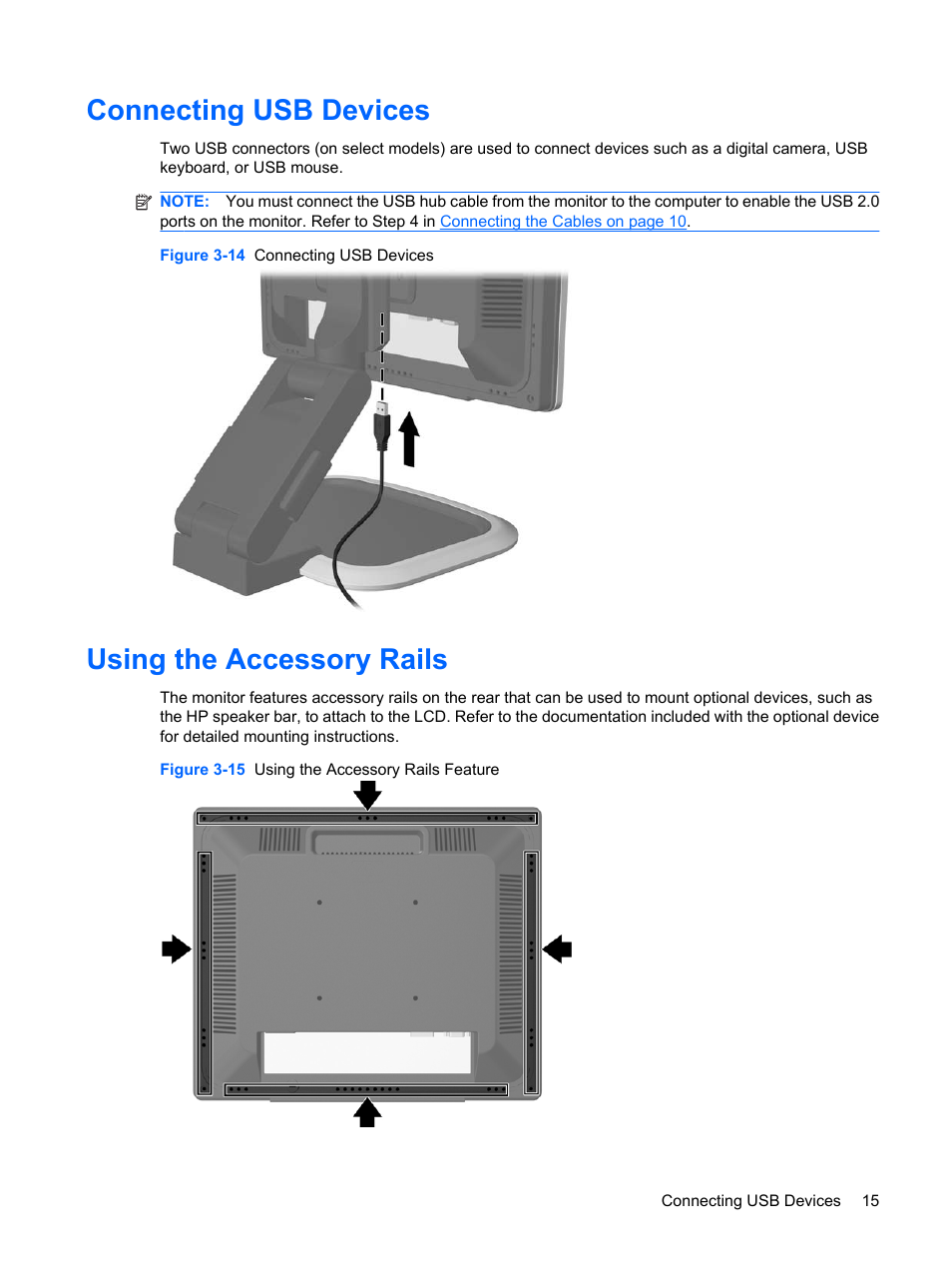 Connecting usb devices, Using the accessory rails, Connecting usb devices using the accessory rails | HP L1910 19-inch LCD Monitor User Manual | Page 23 / 63