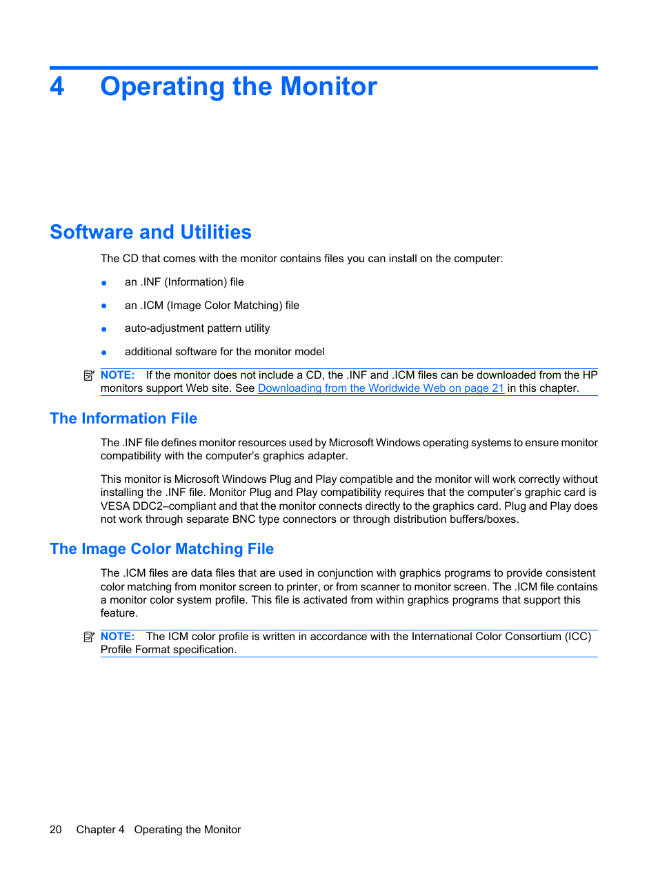 Operating the monitor, Software and utilities, The information file | The image color matching file, 4 operating the monitor, The information file the image color matching file, 4operating the monitor | HP L1910 19-inch LCD Monitor User Manual | Page 28 / 63