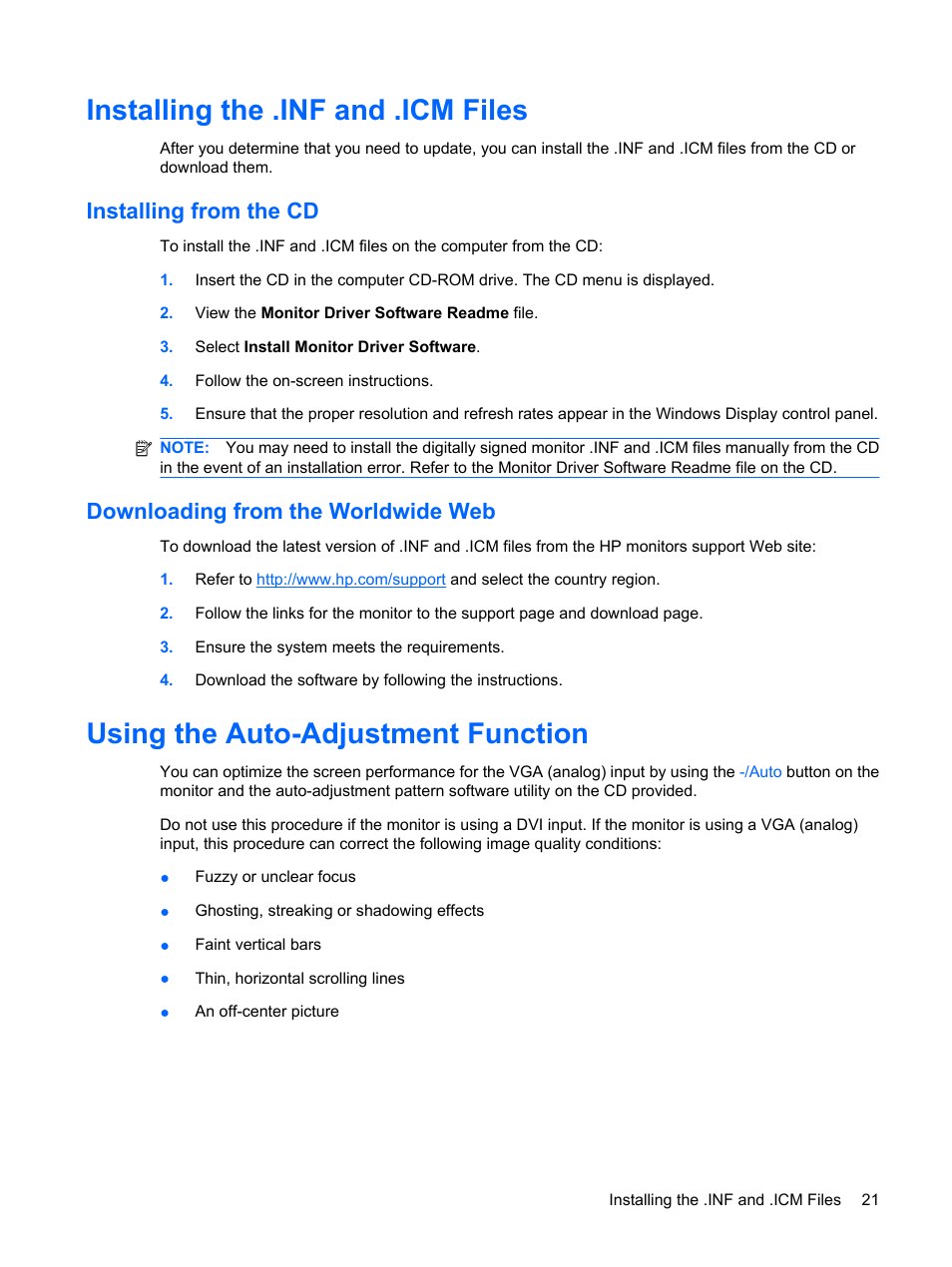 Installing the .inf and .icm files, Installing from the cd, Downloading from the worldwide web | Using the auto-adjustment function | HP L1910 19-inch LCD Monitor User Manual | Page 29 / 63