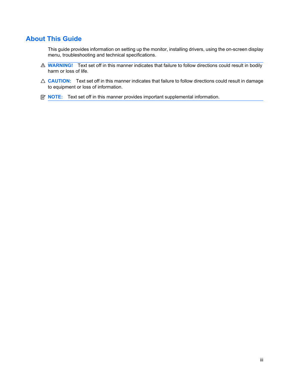 About this guide | HP L1910 19-inch LCD Monitor User Manual | Page 3 / 63