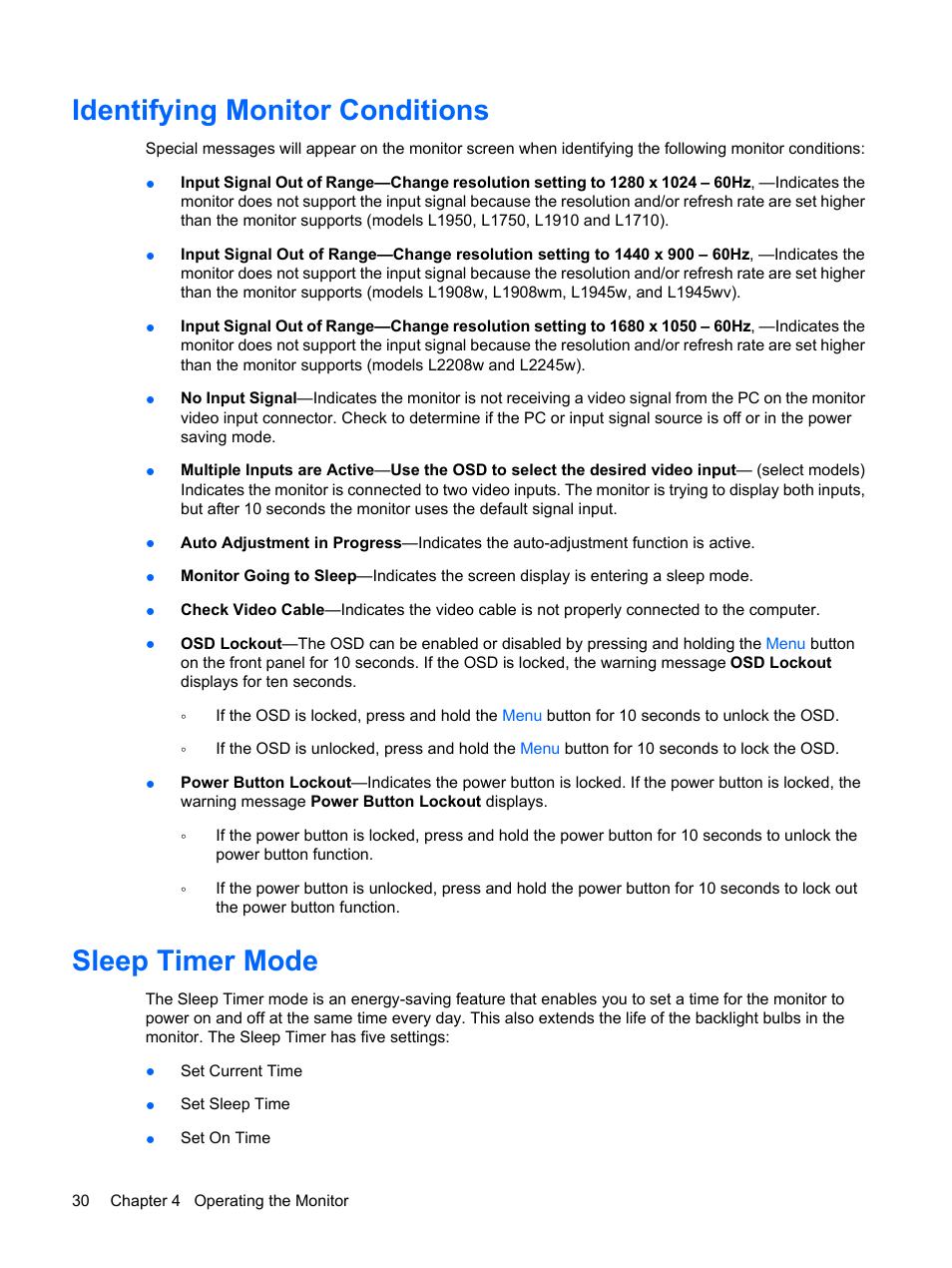 Identifying monitor conditions, Sleep timer mode | HP L1910 19-inch LCD Monitor User Manual | Page 38 / 63