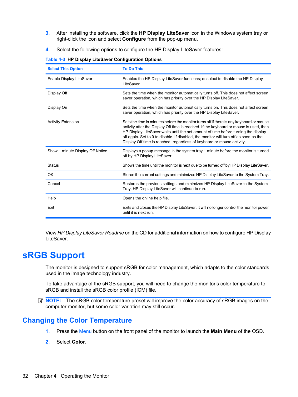 Srgb support, Changing the color temperature | HP L1910 19-inch LCD Monitor User Manual | Page 40 / 63