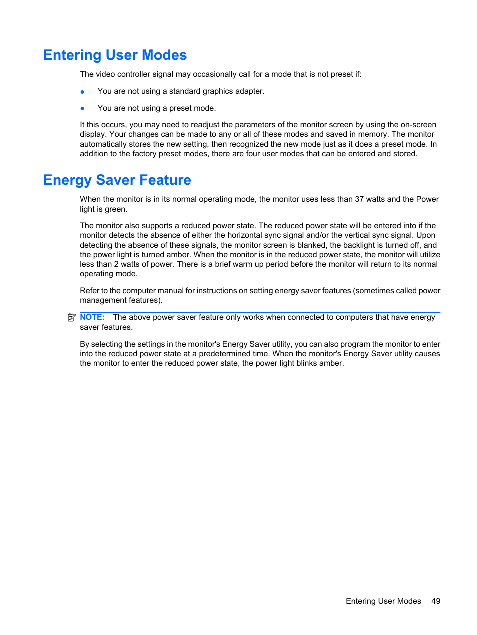 Entering user modes, Energy saver feature, Entering user modes energy saver feature | HP L1910 19-inch LCD Monitor User Manual | Page 57 / 63