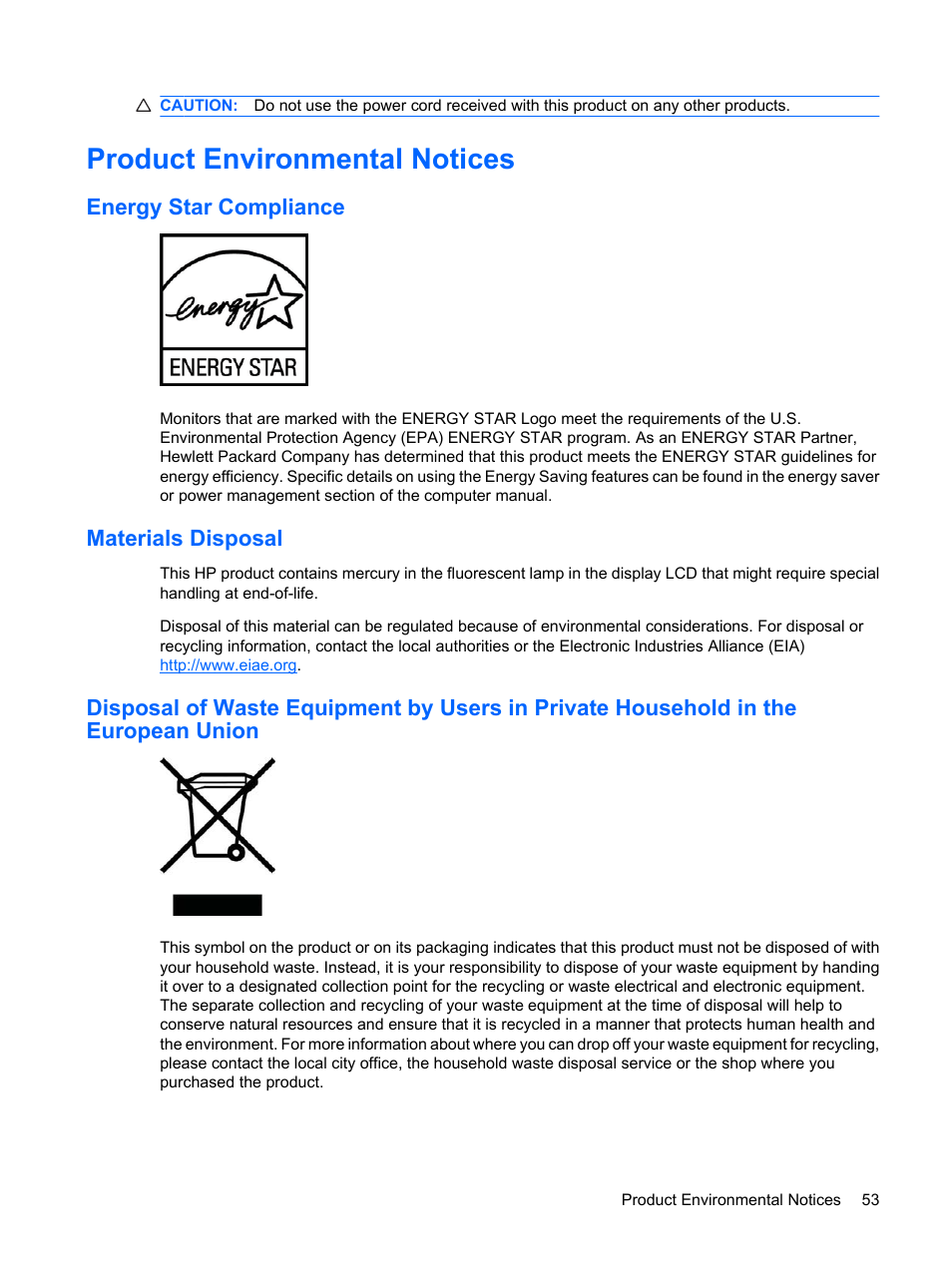 Product environmental notices, Energy star compliance, Materials disposal | HP L1910 19-inch LCD Monitor User Manual | Page 61 / 63