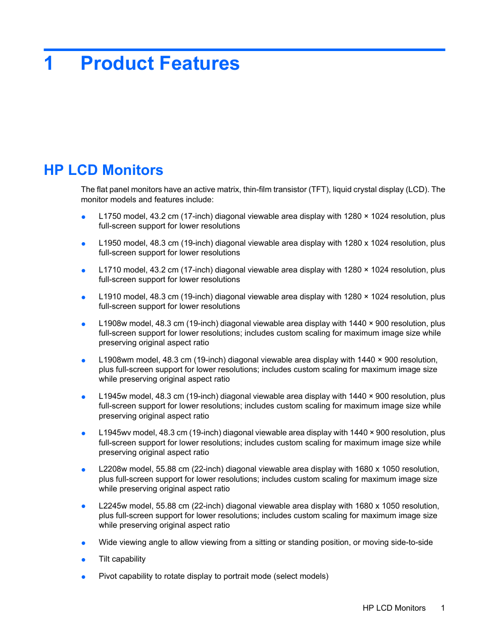Product features, Hp lcd monitors, 1 product features | 1product features | HP L1910 19-inch LCD Monitor User Manual | Page 9 / 63