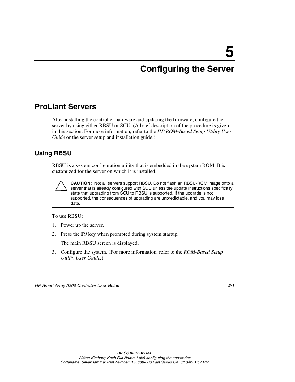 Chapter 5: configuring the server, Proliant servers, Using rbsu | Chapter 5, Configuring the server, Proliant servers -1, Using rbsu -1 | HP Integrity rx4640 Server User Manual | Page 38 / 107