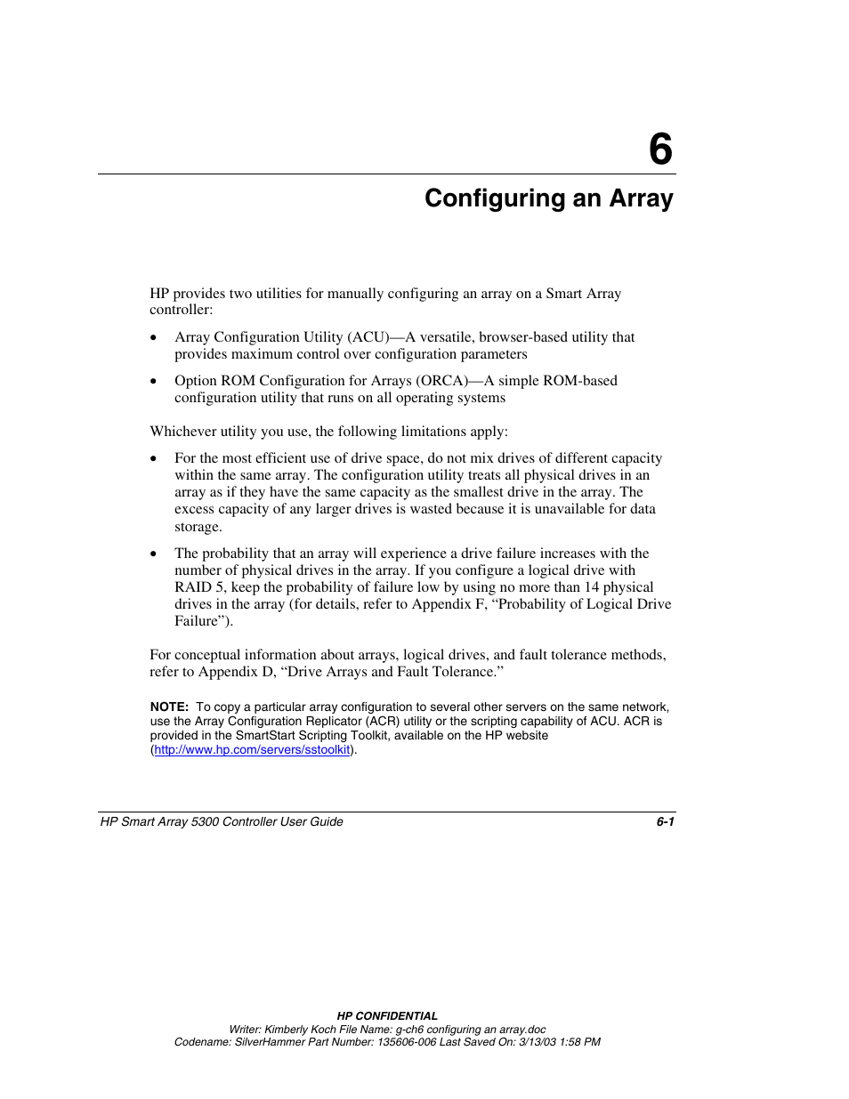 Chapter 6: configuring an array, Chapter 6, Configuring an array | HP Integrity rx4640 Server User Manual | Page 41 / 107