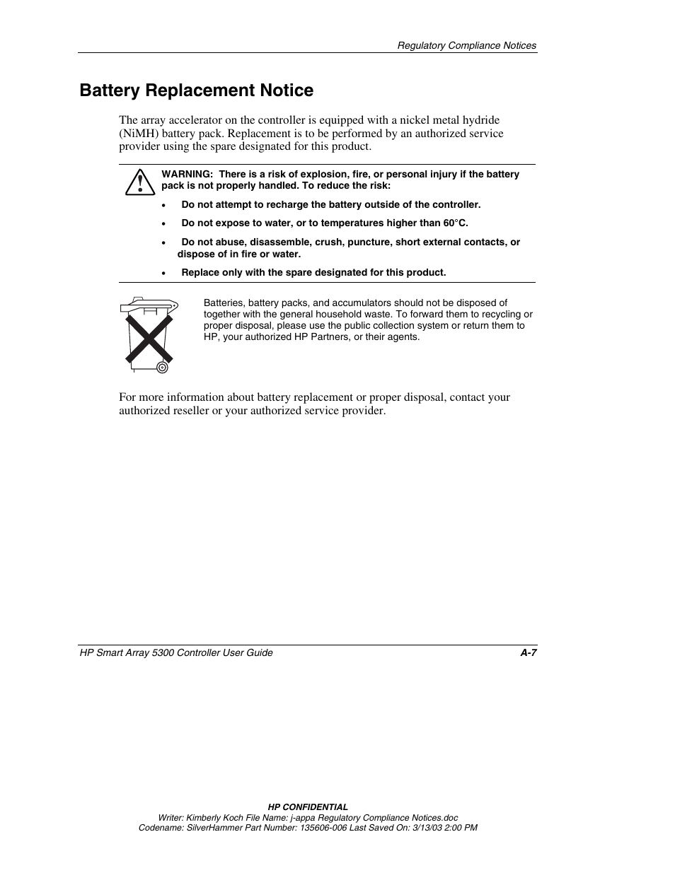 Battery replacement notice | HP Integrity rx4640 Server User Manual | Page 71 / 107