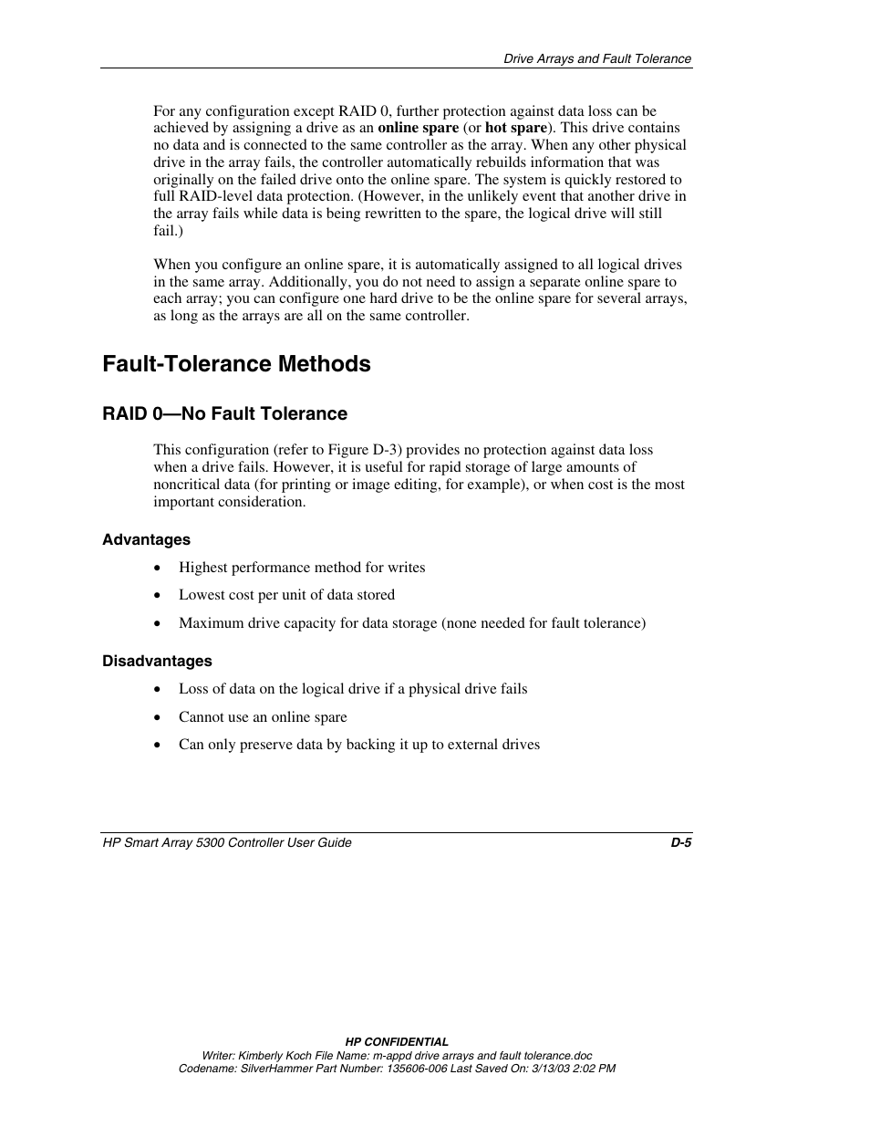 Fault-tolerance methods, Raid 0—no fault tolerance, Advantages | Disadvantages | HP Integrity rx4640 Server User Manual | Page 79 / 107