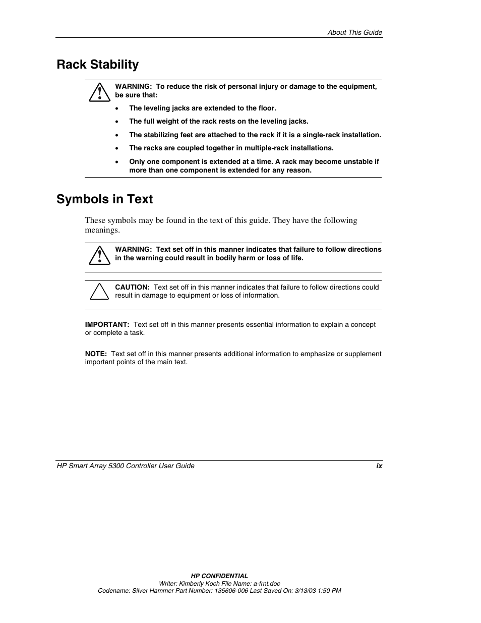 Rack stability, Symbols in text | HP Integrity rx4640 Server User Manual | Page 9 / 107