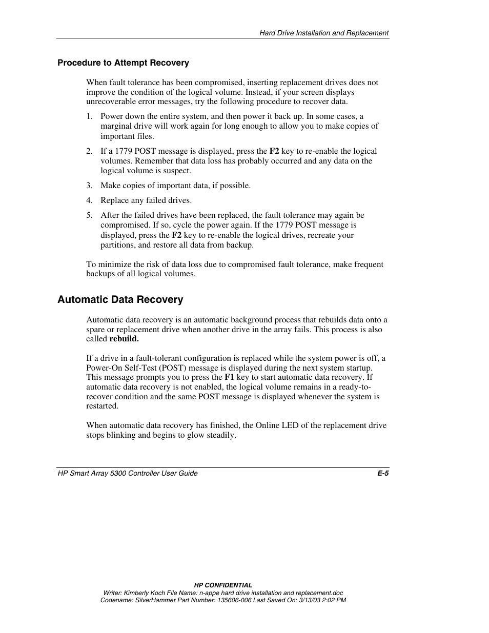 Procedure to attempt recovery, Automatic data recovery | HP Integrity rx4640 Server User Manual | Page 90 / 107