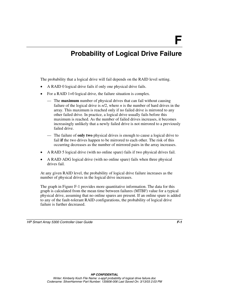 Appendix f: probability of logical drive failure, Appendix f, Probability of logical drive failure | HP Integrity rx4640 Server User Manual | Page 98 / 107