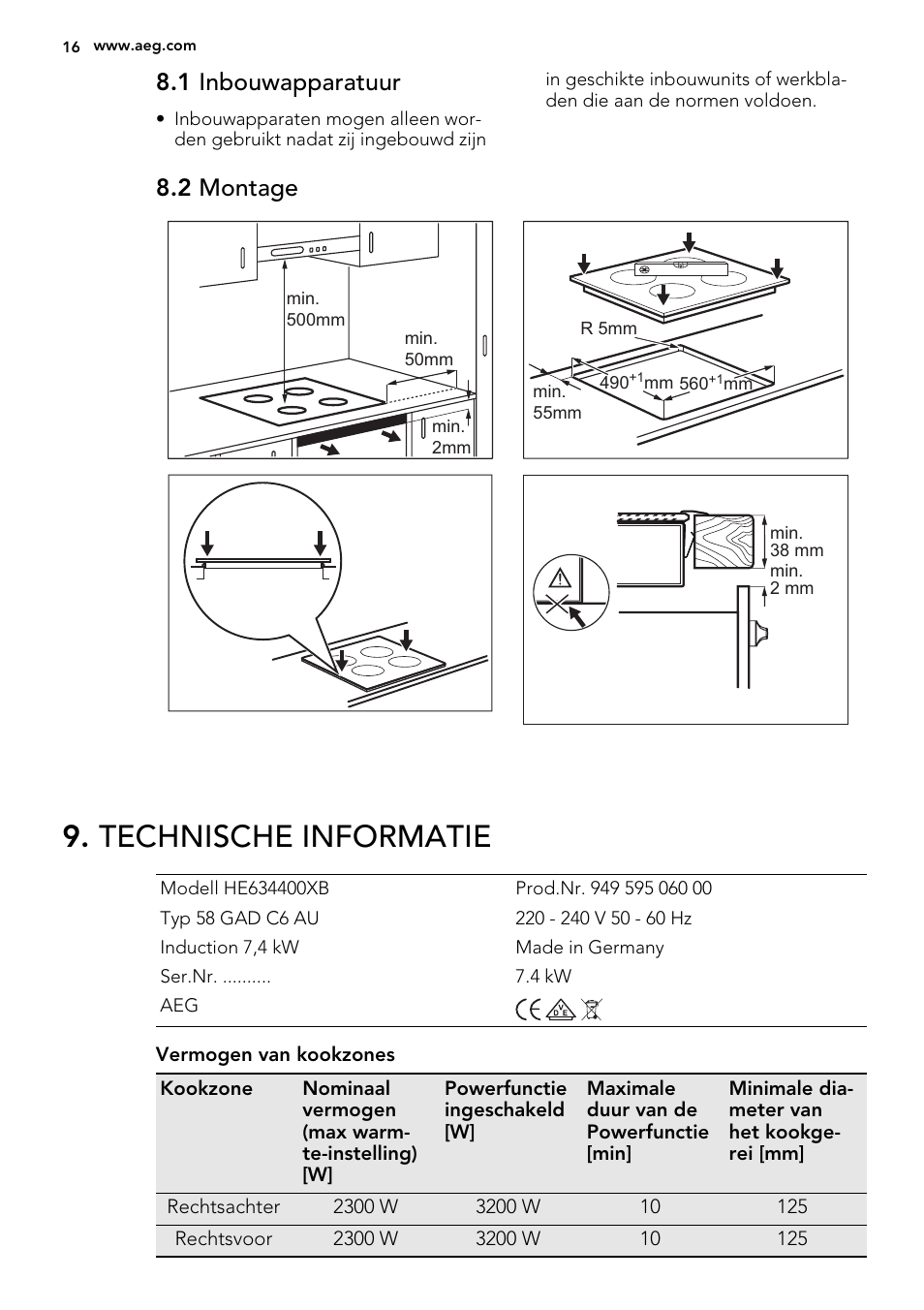 Technische informatie, 1 inbouwapparatuur, 2 montage | AEG HE634400XB User Manual | Page 16 / 68