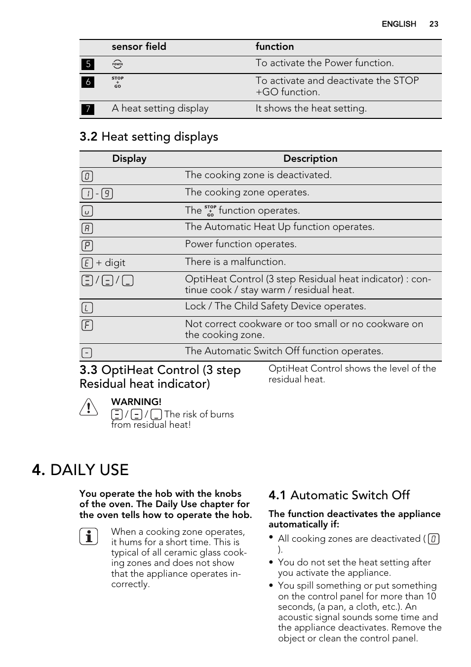 Daily use, 2 heat setting displays, 1 automatic switch off | AEG HE634400XB User Manual | Page 23 / 68