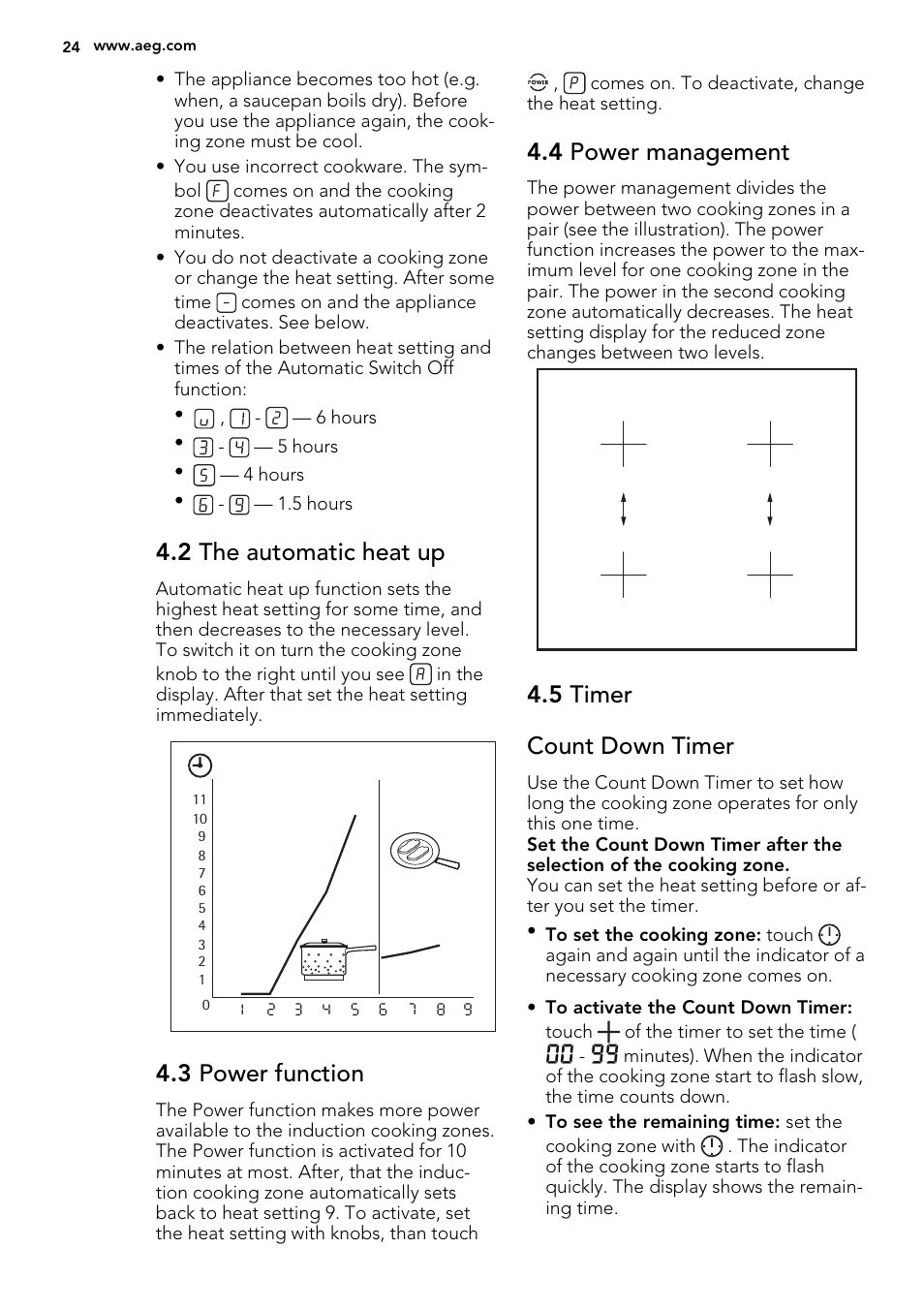 2 the automatic heat up, 3 power function, 4 power management | 5 timer count down timer | AEG HE634400XB User Manual | Page 24 / 68