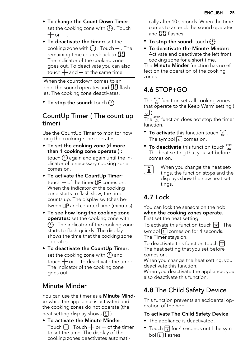 Countup timer ( the count up timer), Minute minder, 6 stop+go | 7 lock, 8 the child safety device | AEG HE634400XB User Manual | Page 25 / 68