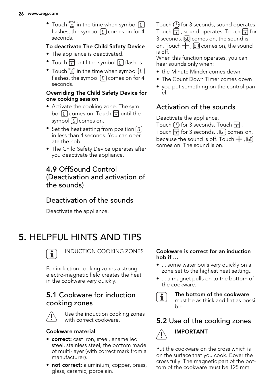 Helpful hints and tips, Activation of the sounds, 1 cookware for induction cooking zones | 2 use of the cooking zones | AEG HE634400XB User Manual | Page 26 / 68