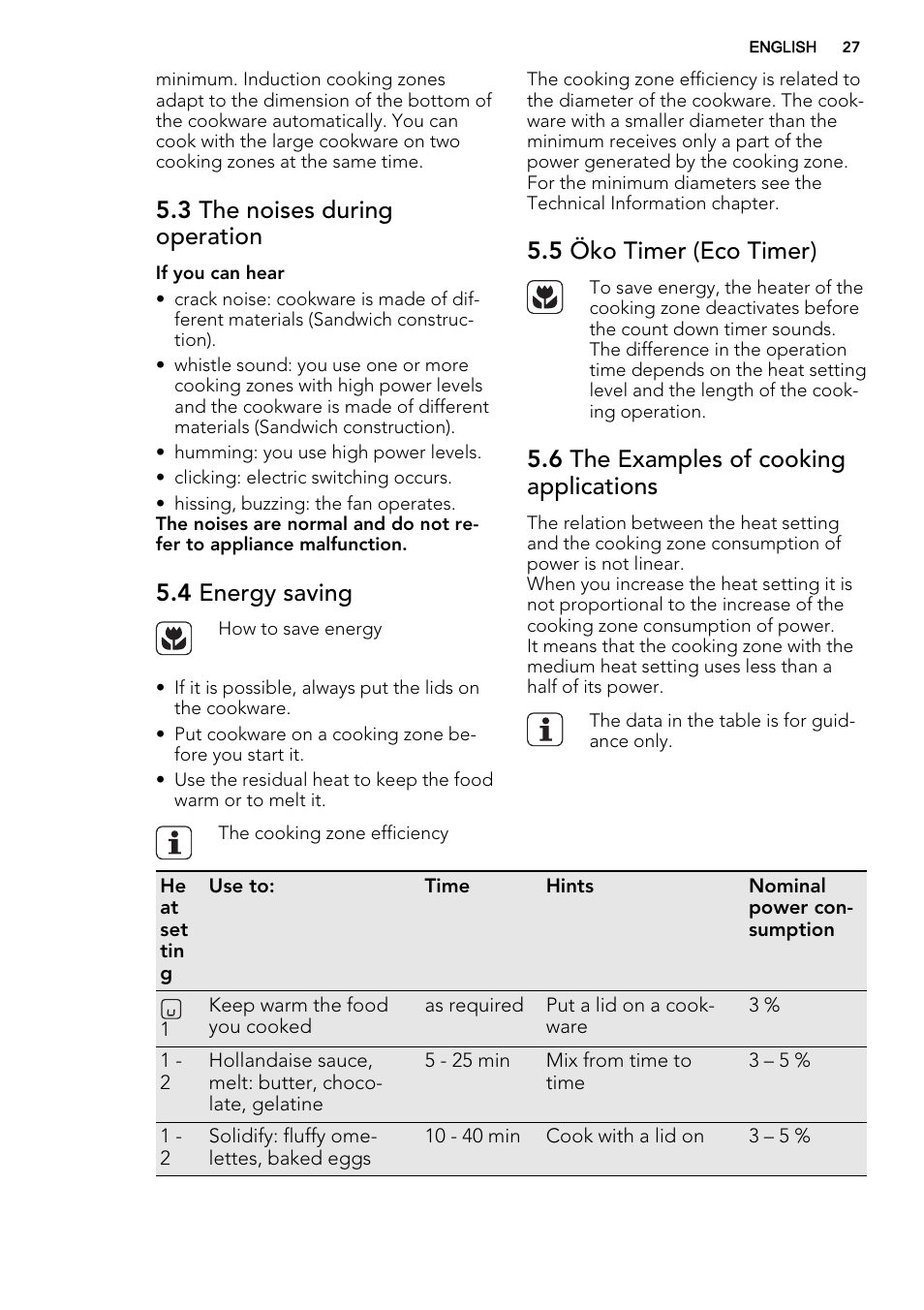 3 the noises during operation, 4 energy saving, 5 öko timer (eco timer) | 6 the examples of cooking applications | AEG HE634400XB User Manual | Page 27 / 68