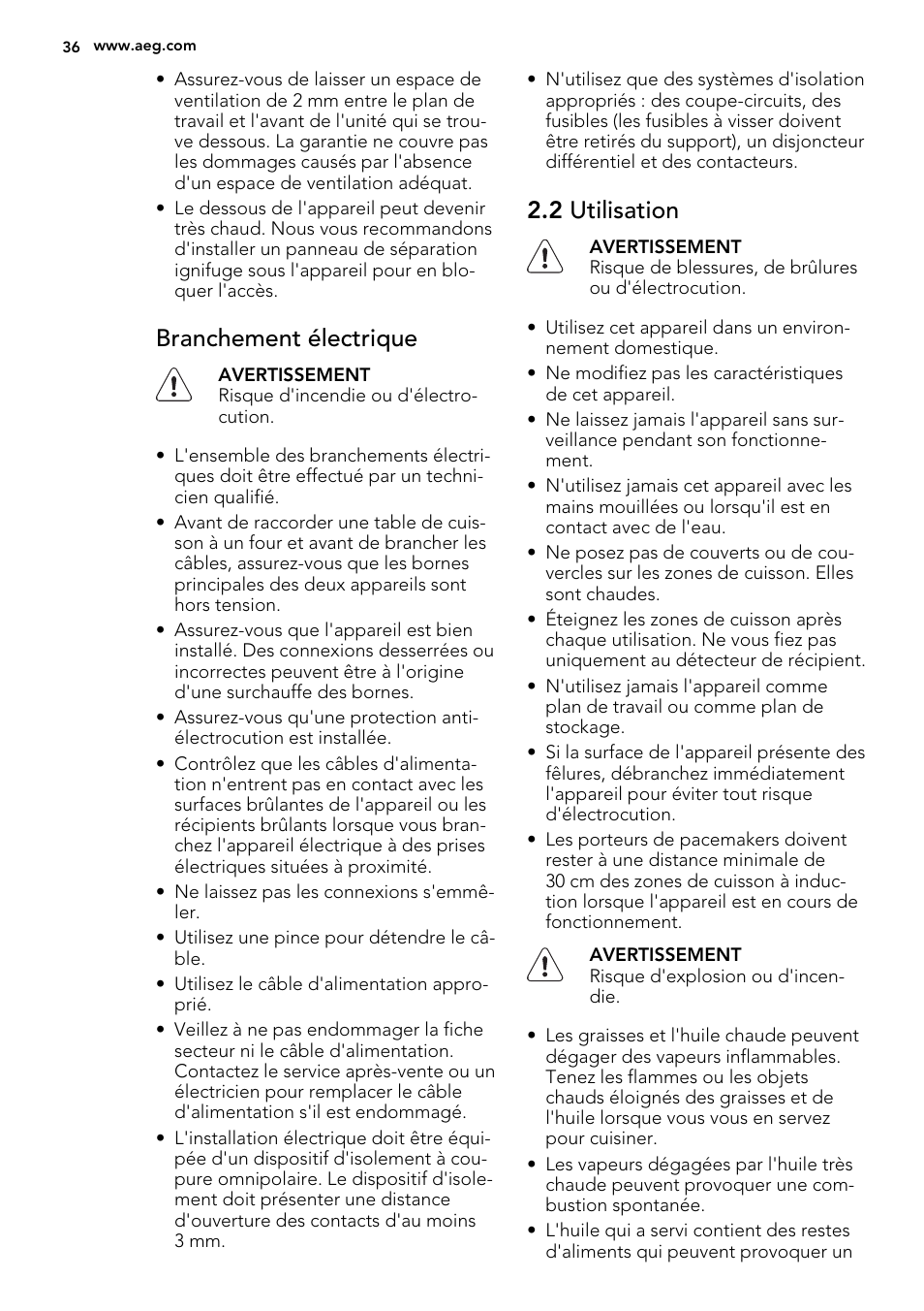 Branchement électrique, 2 utilisation | AEG HE634400XB User Manual | Page 36 / 68