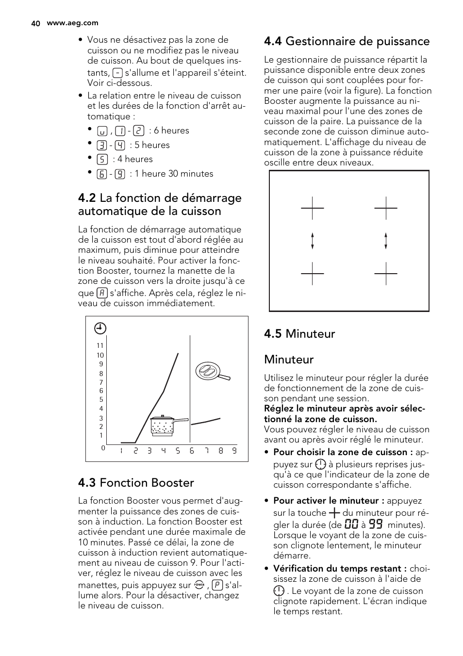 3 fonction booster, 4 gestionnaire de puissance, 5 minuteur minuteur | AEG HE634400XB User Manual | Page 40 / 68