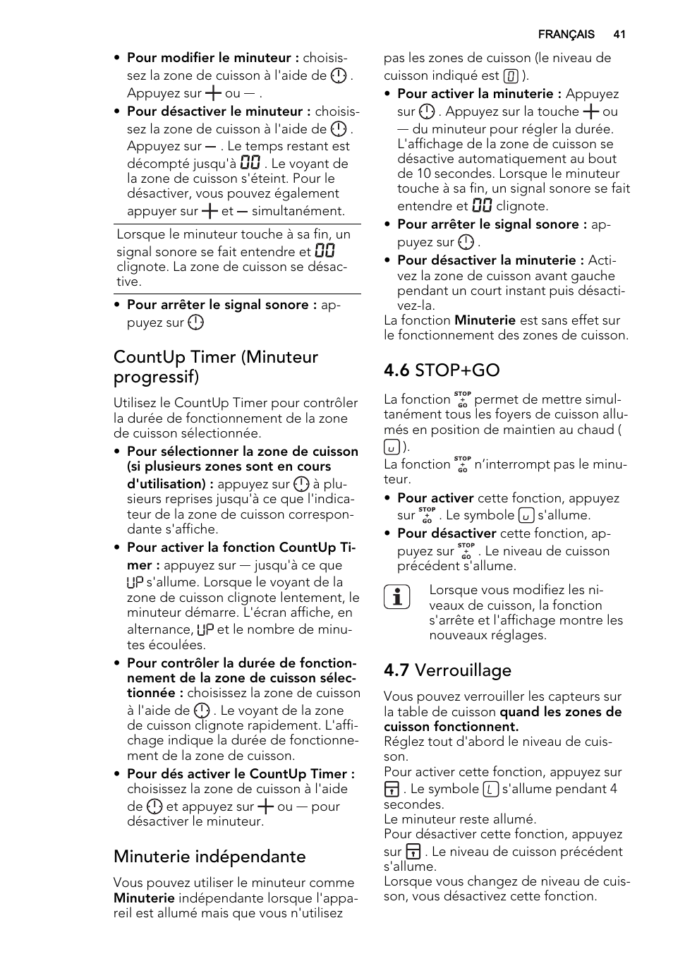 Countup timer (minuteur progressif), Minuterie indépendante, 6 stop+go | 7 verrouillage | AEG HE634400XB User Manual | Page 41 / 68