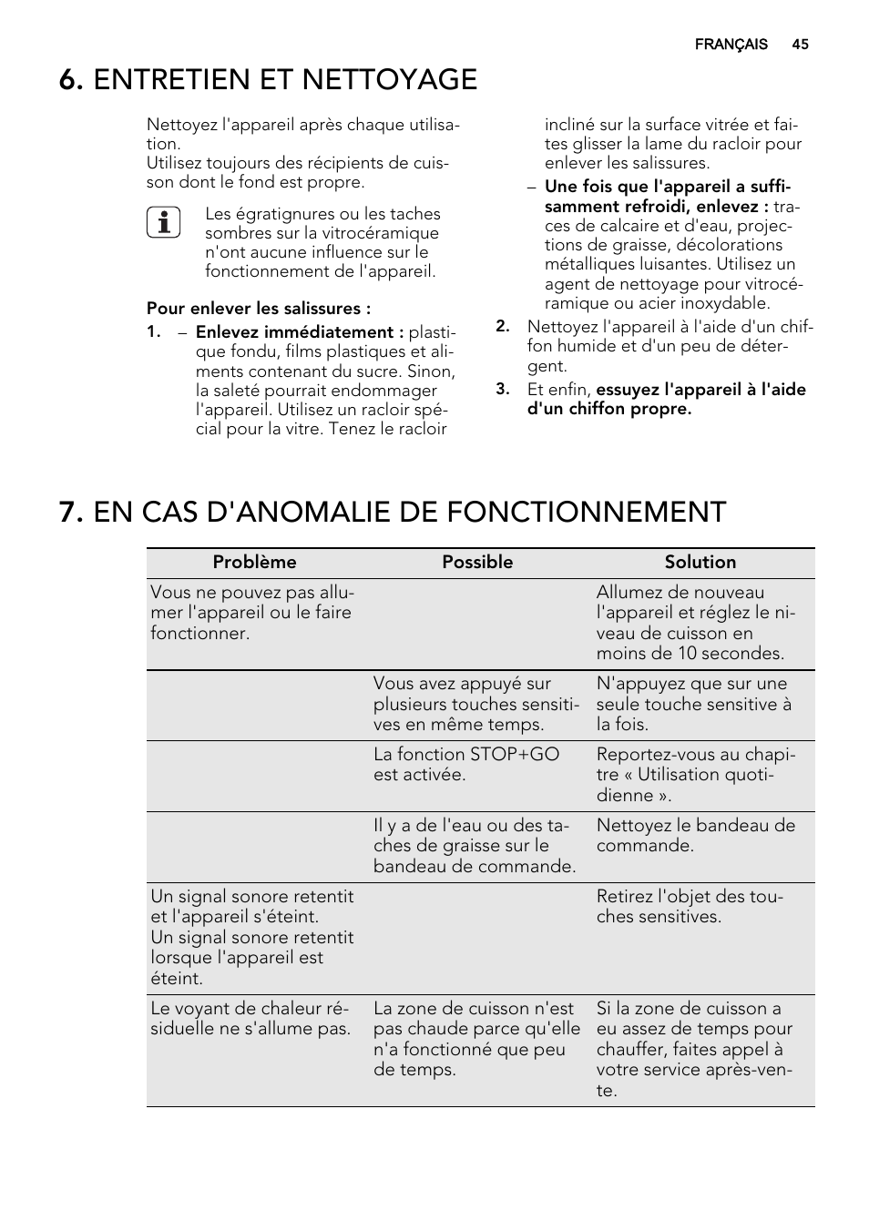 Entretien et nettoyage, En cas d'anomalie de fonctionnement | AEG HE634400XB User Manual | Page 45 / 68