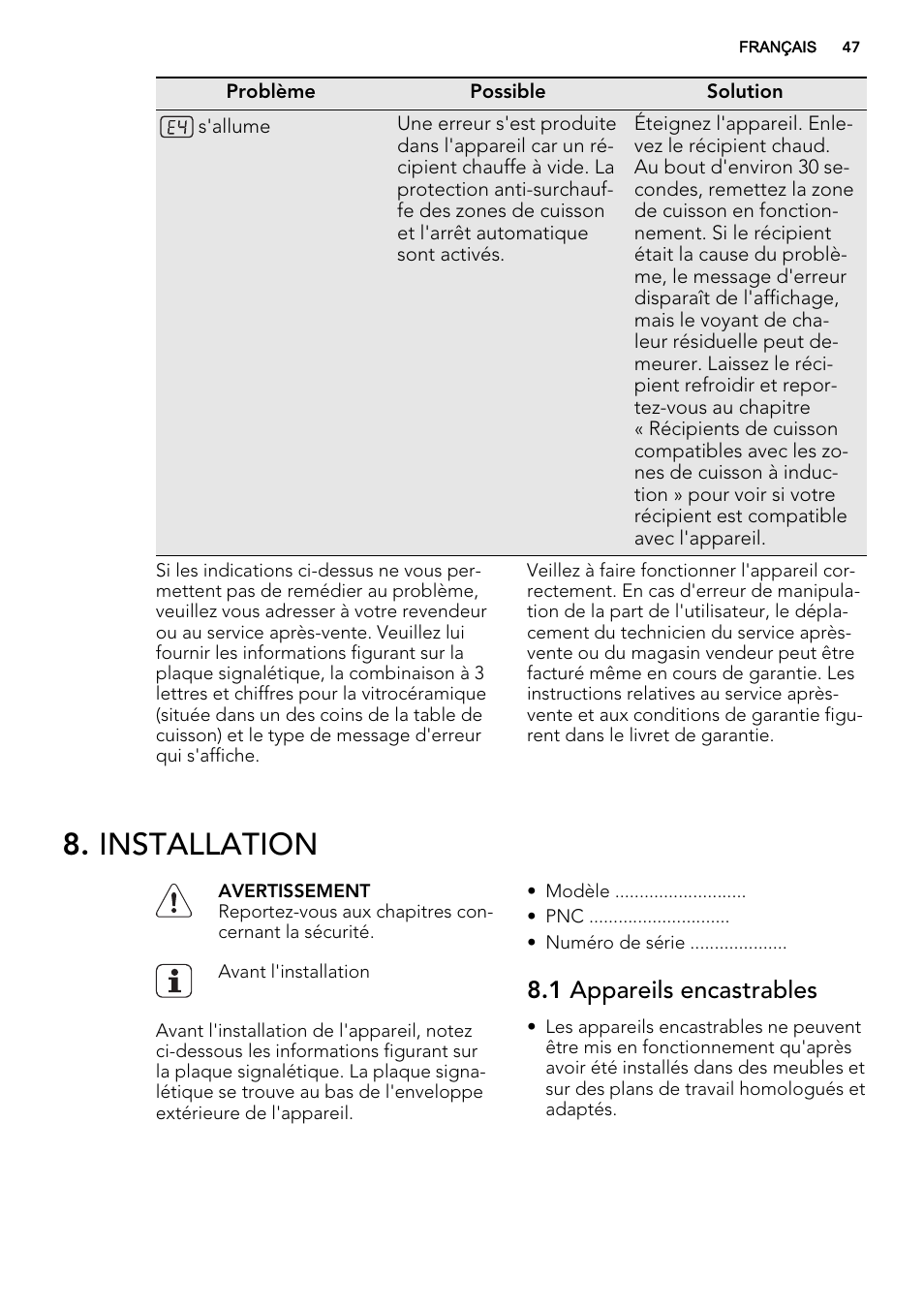 Installation, 1 appareils encastrables | AEG HE634400XB User Manual | Page 47 / 68