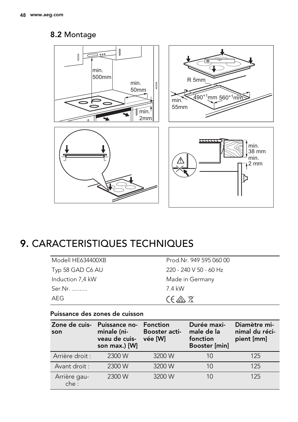 Caracteristiques techniques, 2 montage | AEG HE634400XB User Manual | Page 48 / 68