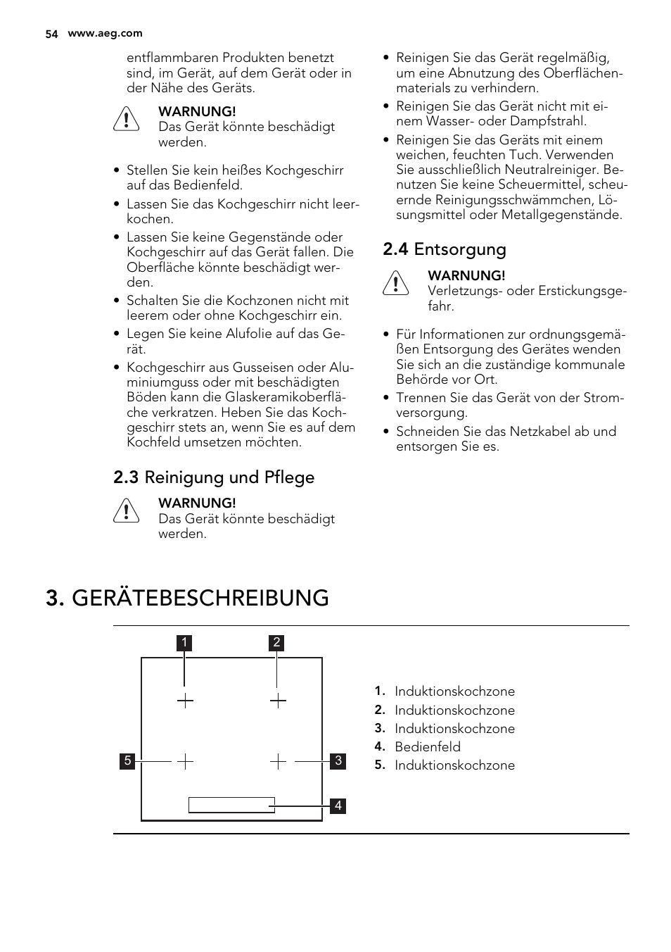 Gerätebeschreibung, 3 reinigung und pflege, 4 entsorgung | AEG HE634400XB User Manual | Page 54 / 68