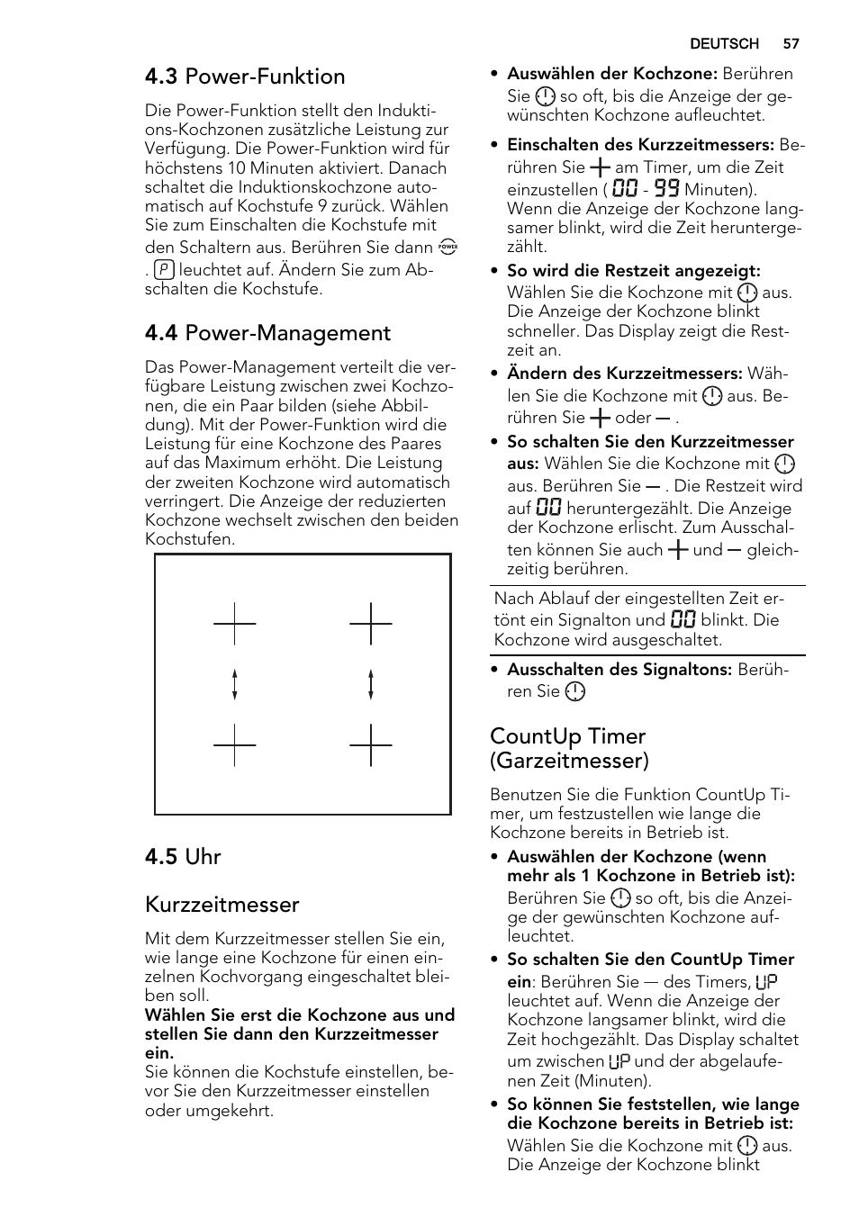 3 power-funktion, 4 power-management, 5 uhr kurzzeitmesser | Countup timer (garzeitmesser) | AEG HE634400XB User Manual | Page 57 / 68