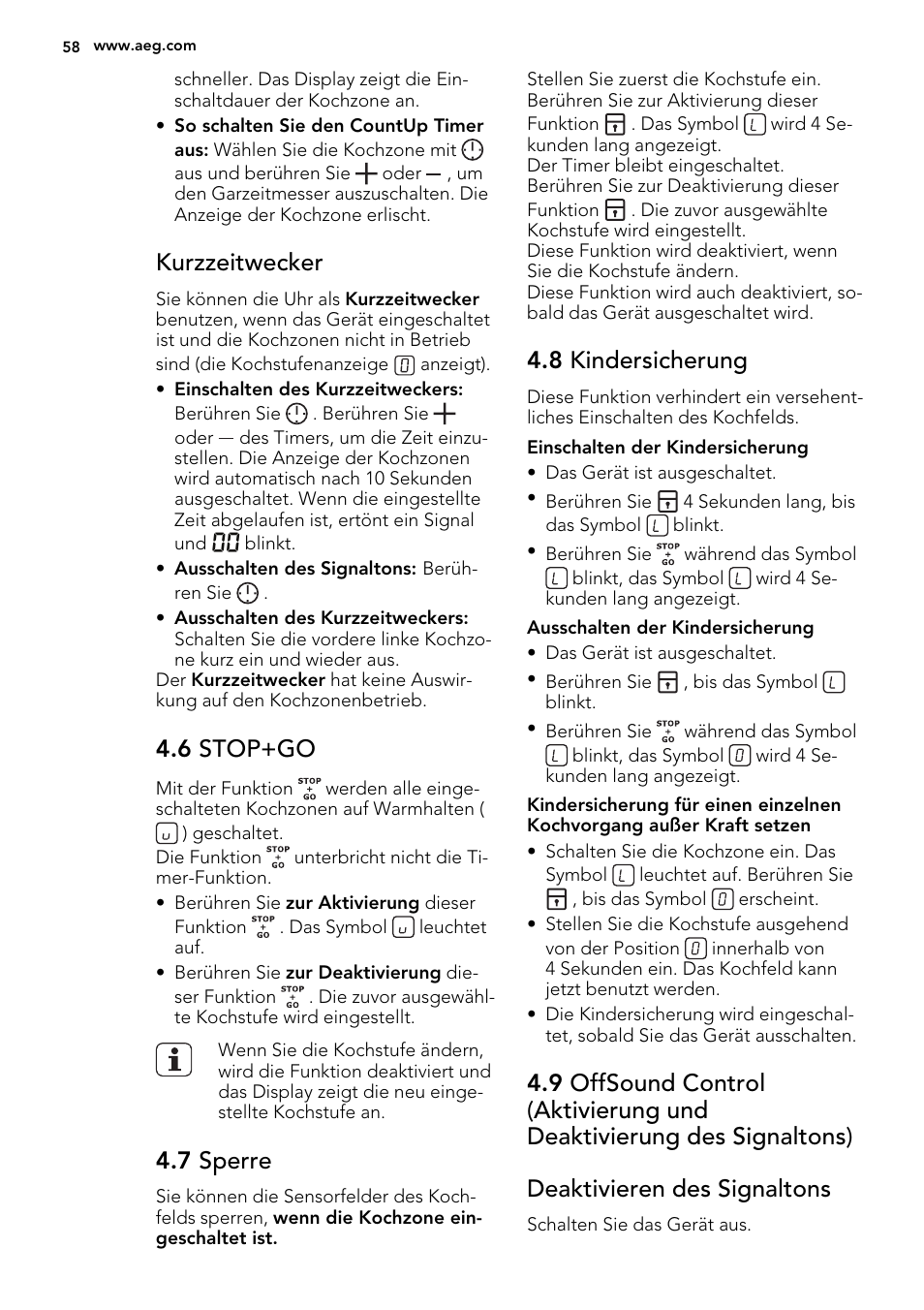Kurzzeitwecker, 6 stop+go, 7 sperre | 8 kindersicherung | AEG HE634400XB User Manual | Page 58 / 68