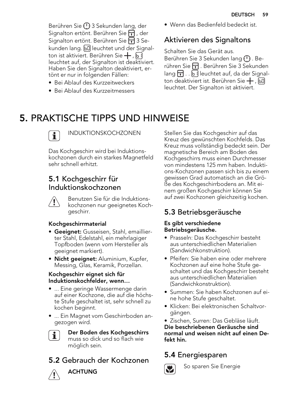 Praktische tipps und hinweise, Aktivieren des signaltons, 1 kochgeschirr für induktionskochzonen | 2 gebrauch der kochzonen, 3 betriebsgeräusche, 4 energiesparen | AEG HE634400XB User Manual | Page 59 / 68
